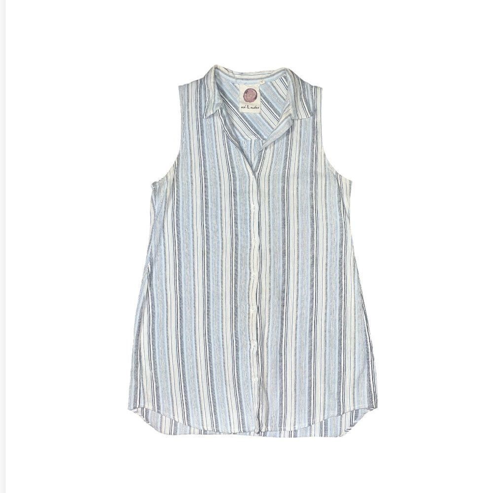 Ash & Ember Sleeveless Buttondown Dress Pale Blue & Ivory White Stripes